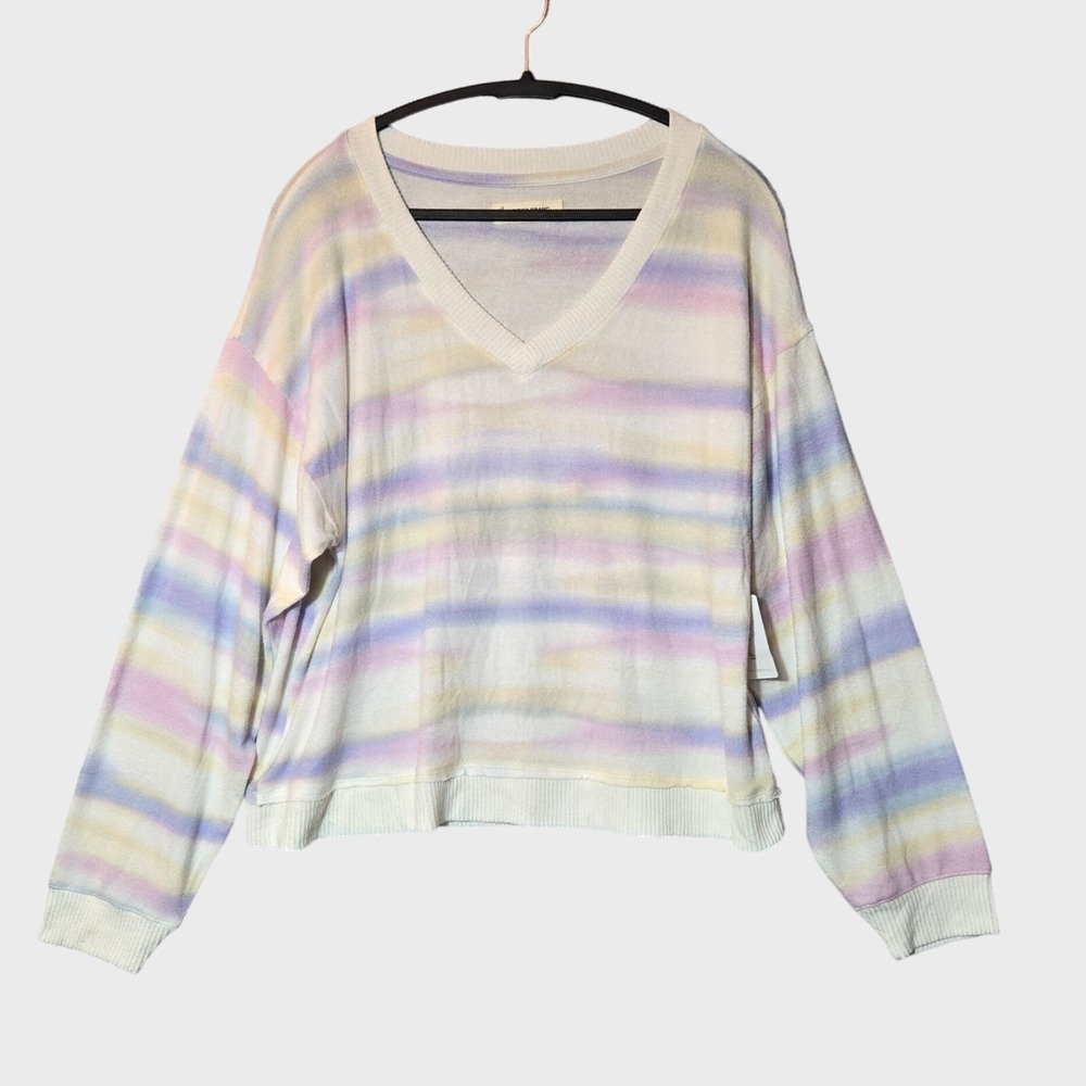 Lucky Brand Cloud Soft V-Neck Sweater White Rainbow Striped L Casual Fall NWT
